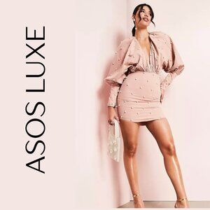 ASOS LUXE Pearl Embellished Mini Dress | Blush Long Sleeve Plunge Bodycon